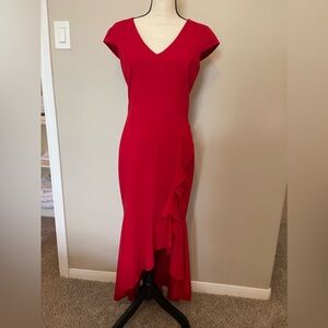 Red vneck high low evening gown with ruffle detail - Size L